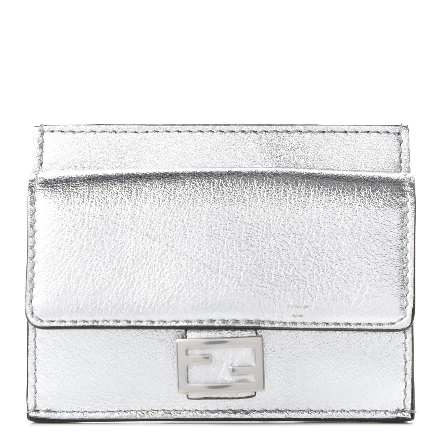 Fendi Vitello Catalan Mirror FF 1974 Embossed Fold Over Card Holder Wallet Argento 1 of 11