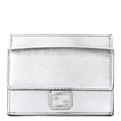 Fendi Vitello Catalan Mirror FF 1974 Embossed Fold Over Card Holder Wallet Argento 1 of 11