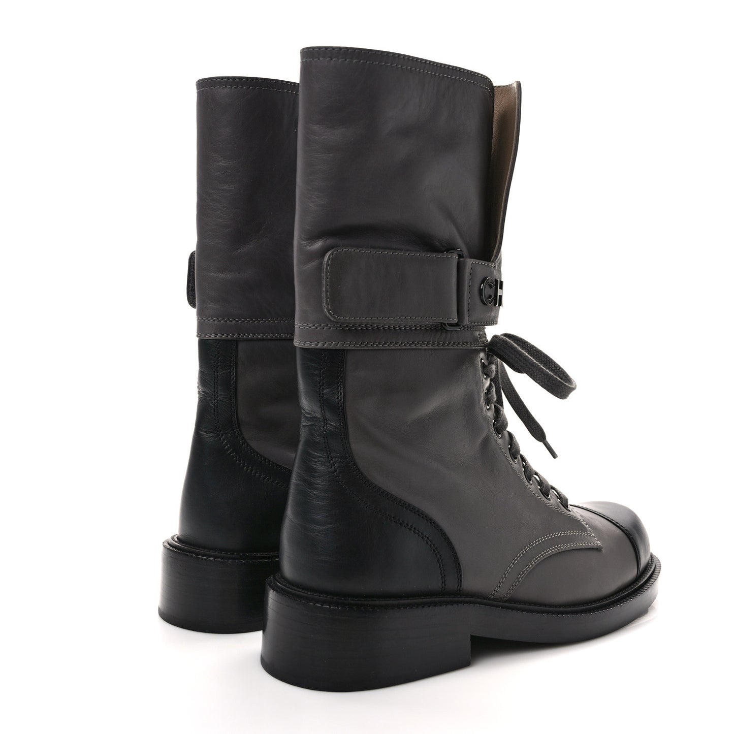 Calfskin Lace Up Logo Mid Calf Combat Boots 36.5 Grey Black