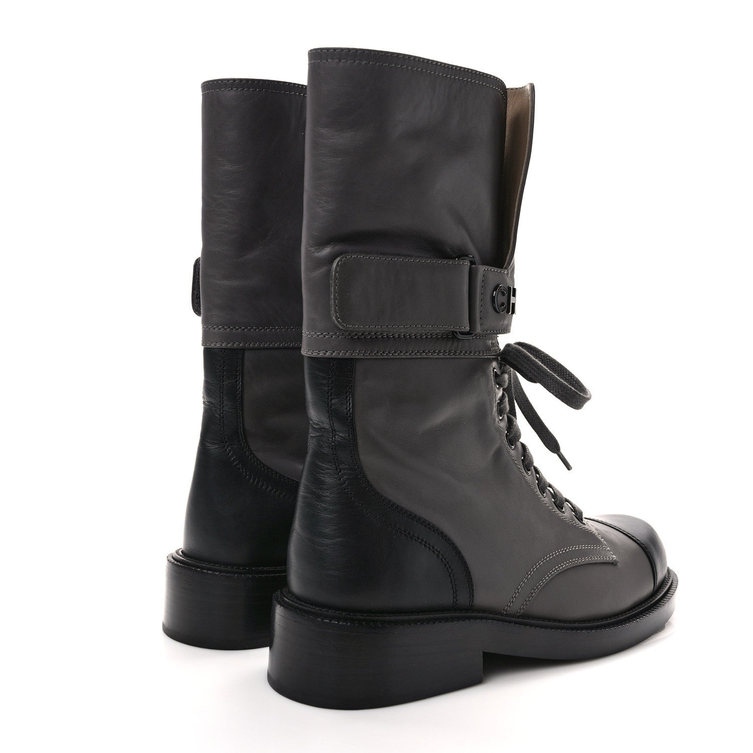 Chanel Calfskin Lace Up Logo Mid Calf Combat Boots 36.5 Grey Black 4 of 8