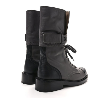 Chanel Calfskin Lace Up Logo Mid Calf Combat Boots 36.5 Grey Black 4 of 8