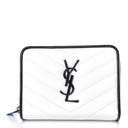 Saint Laurent Grain De Poudre Matelasse Chevron Monogram Compact Zip Around Wallet Optical White Black 1 of 8
