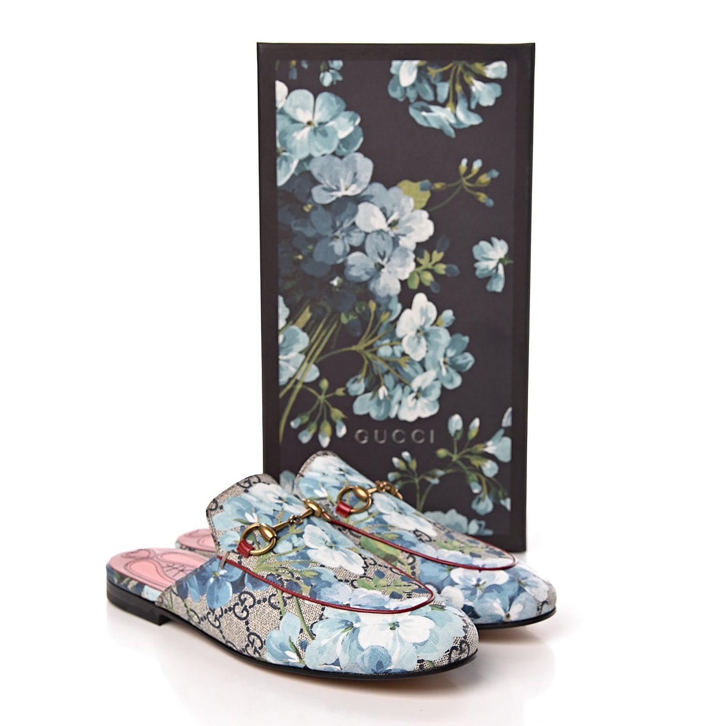GG Supreme Monogram Blooms Womens Princetown Slippers 37.5 Beige Blue Navy Hibiscus Red