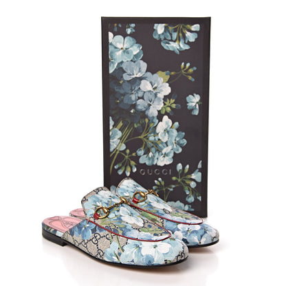 Gucci GG Supreme Monogram Blooms Womens Princetown Slippers 37.5 Beige Blue Navy Hibiscus Red 10 of 10