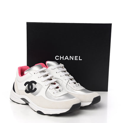 Chanel Calfskin Fabric Sneakers 39.5 White Silver Fluo Pink 8 of 8