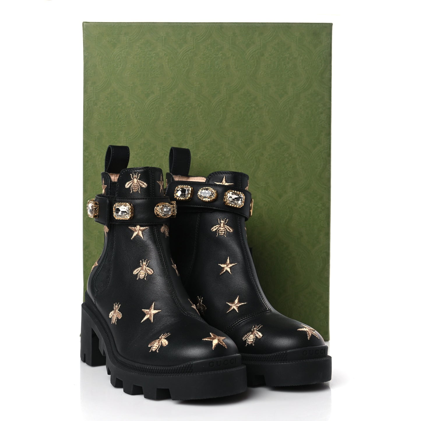 Calfskin Bee Star Embroidered Belt Ankle Boots 36.5 Black