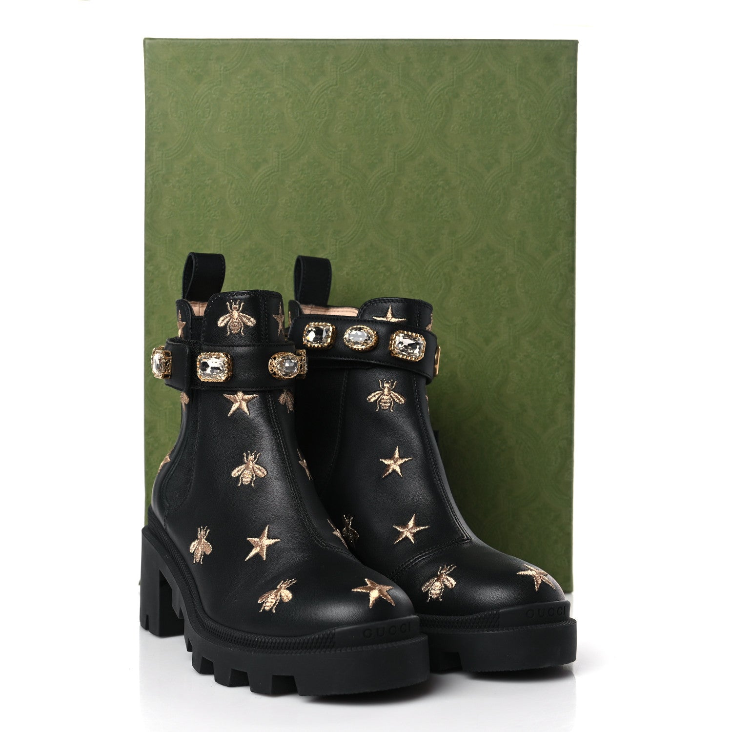 Gucci Calfskin Bee Star Embroidered Belt Ankle Boots 36.5 Black 9 of 9