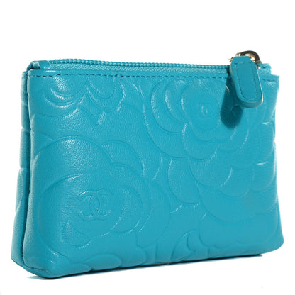 Chanel Lambskin Camellia Embossed Key Holder Case Turquoise 3 of 8