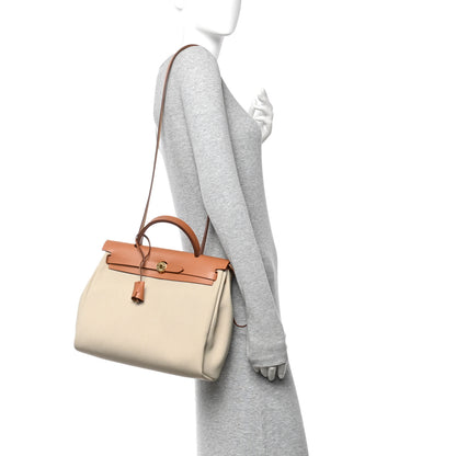 Hermes Military Toile Vache Hunter Herbag Zip Retourne 31 PM Beton Naturel 2 of 12