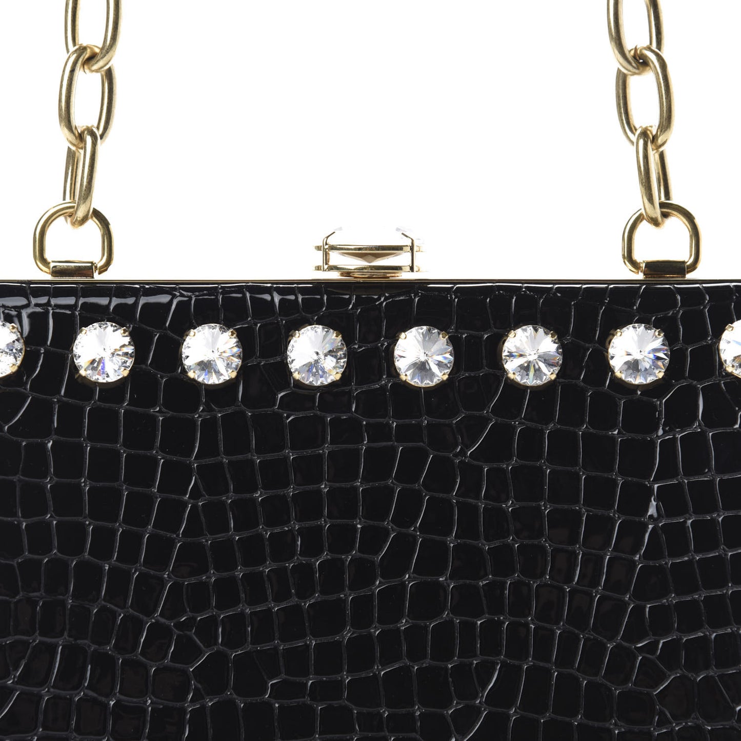 Calfskin Crocodile Embossed Crystal Embellished Solitaire Bag Black