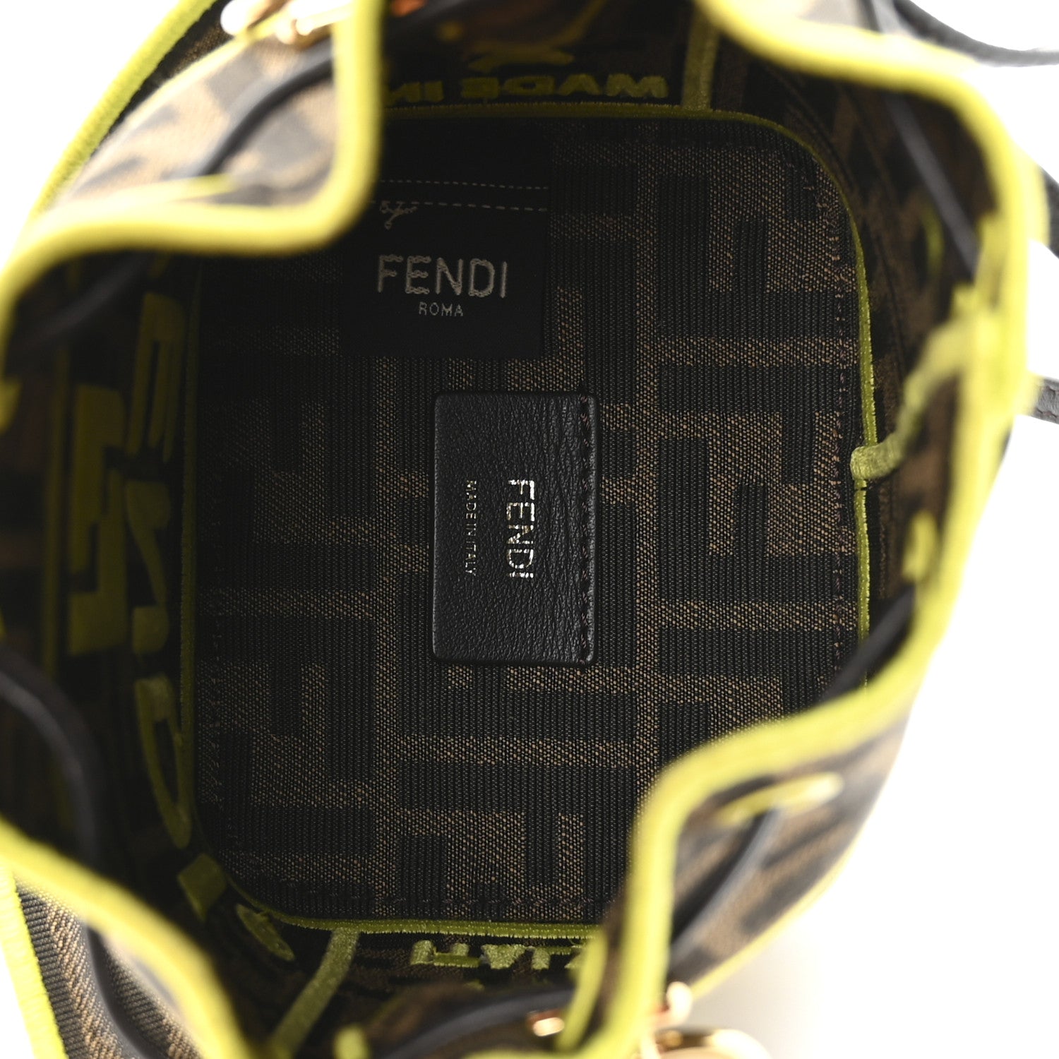 Fendi Fabric Jacquard Shiny Nappa FF 1974 Logo Threaded Edge Mini Mon Tresor Bucket Bag Tobacco Moro Giallo Fluo 5 of 9