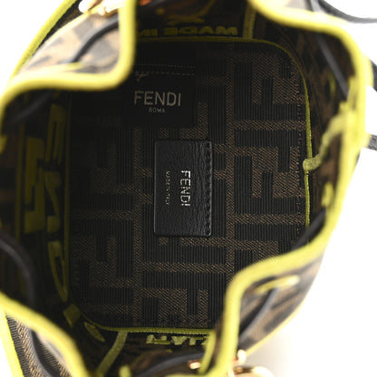 Fendi Fabric Jacquard Shiny Nappa FF 1974 Logo Threaded Edge Mini Mon Tresor Bucket Bag Tobacco Moro Giallo Fluo 5 of 9