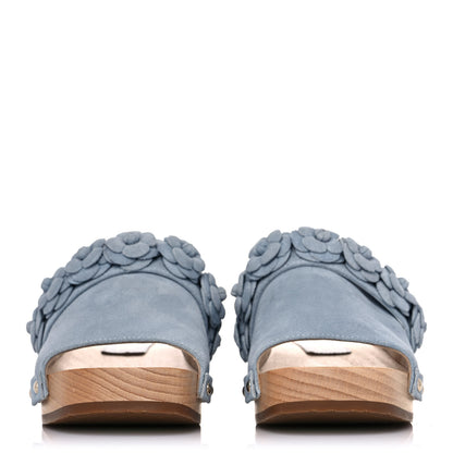 Chanel Suede Calfskin Camellia Mules 36 Light Blue 2 of 8