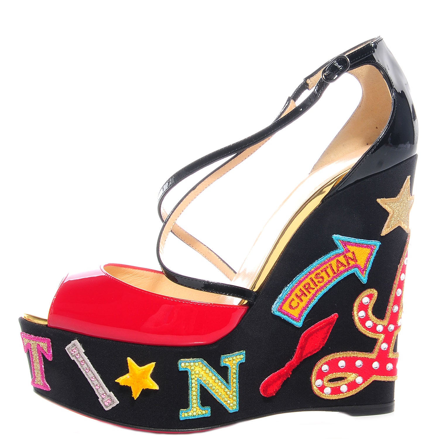 Christian Louboutin Patent Loubi Zeppa 140 Wedges 37.5 Black Red 1 of 6