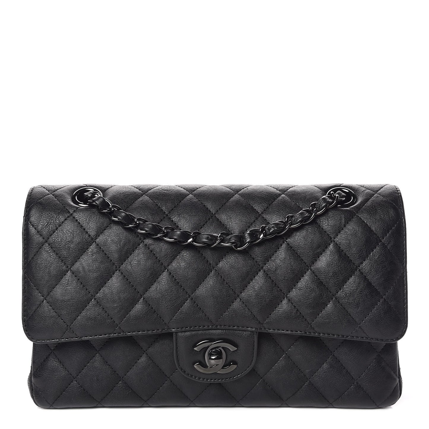 Crumpled Calfskin Quilted Medium Double Flap So Black