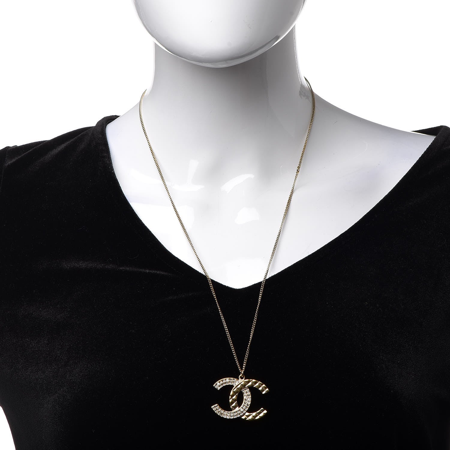 Chanel Baguette Crystal Quilted CC Pendant Necklace Gold 2 of 4
