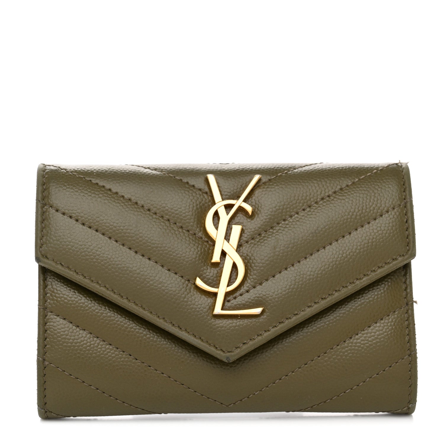 Saint Laurent Grain De Poudre Matelasse Chevron Small Monogram Envelope Wallet Vert Kaki 1 of 8