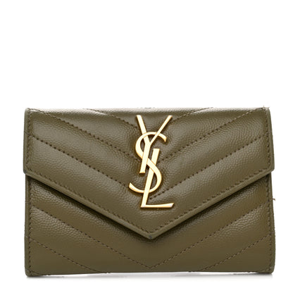 Saint Laurent Grain De Poudre Matelasse Chevron Small Monogram Envelope Wallet Vert Kaki 1 of 8