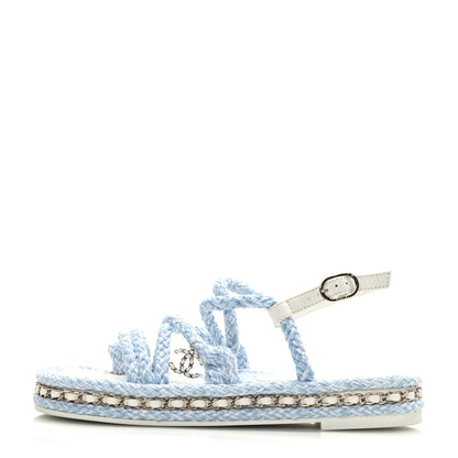 Chanel Lambskin Cord Chain CC Sandals 37 Blue White 1 of 8