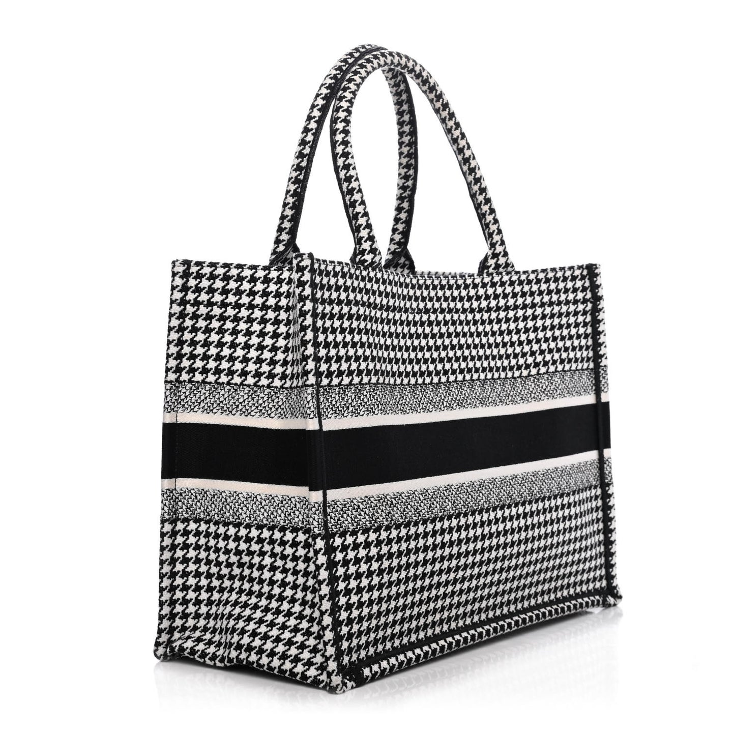 Canvas Houndstooth Embroidered Medium Book Tote Black White