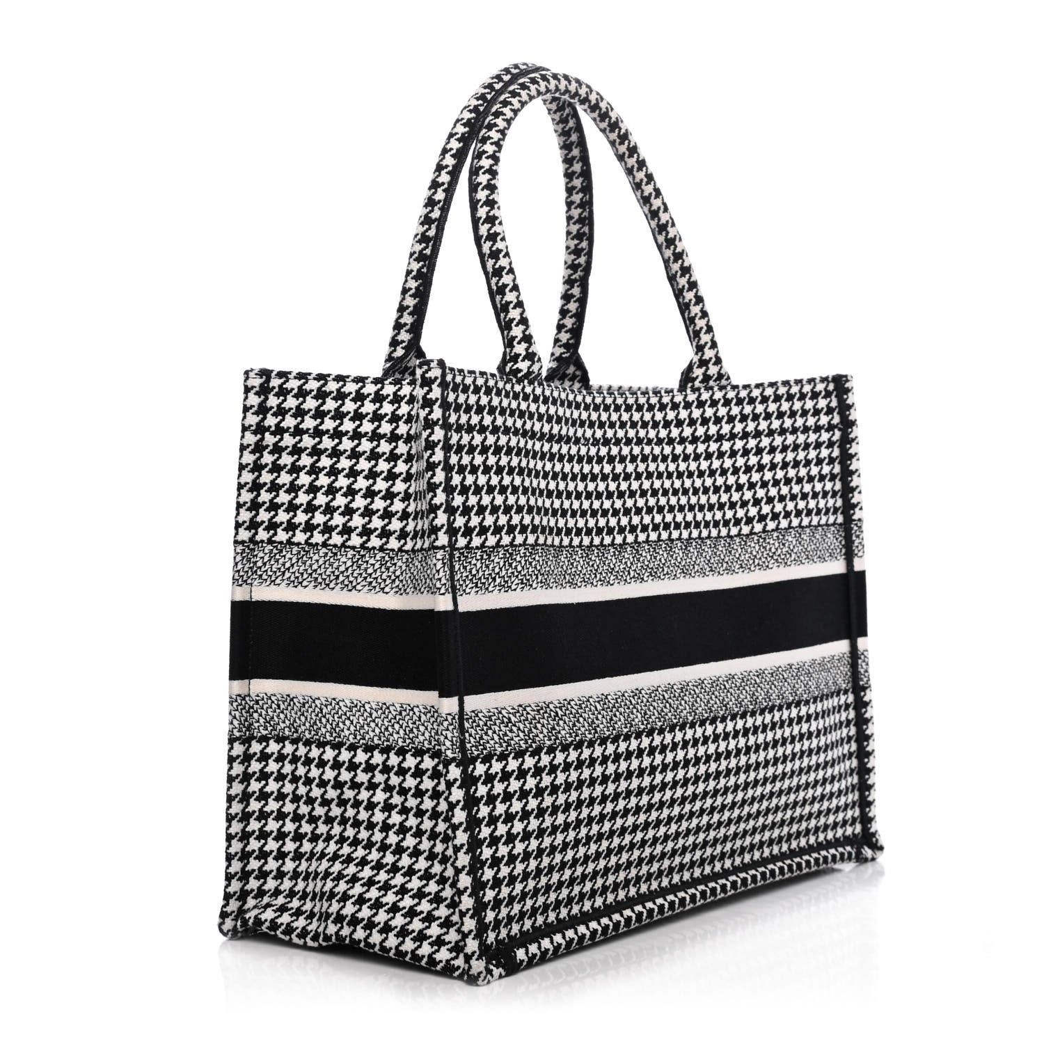 Christian Dior Canvas Houndstooth Embroidered Medium Book Tote Black White 2 of 4