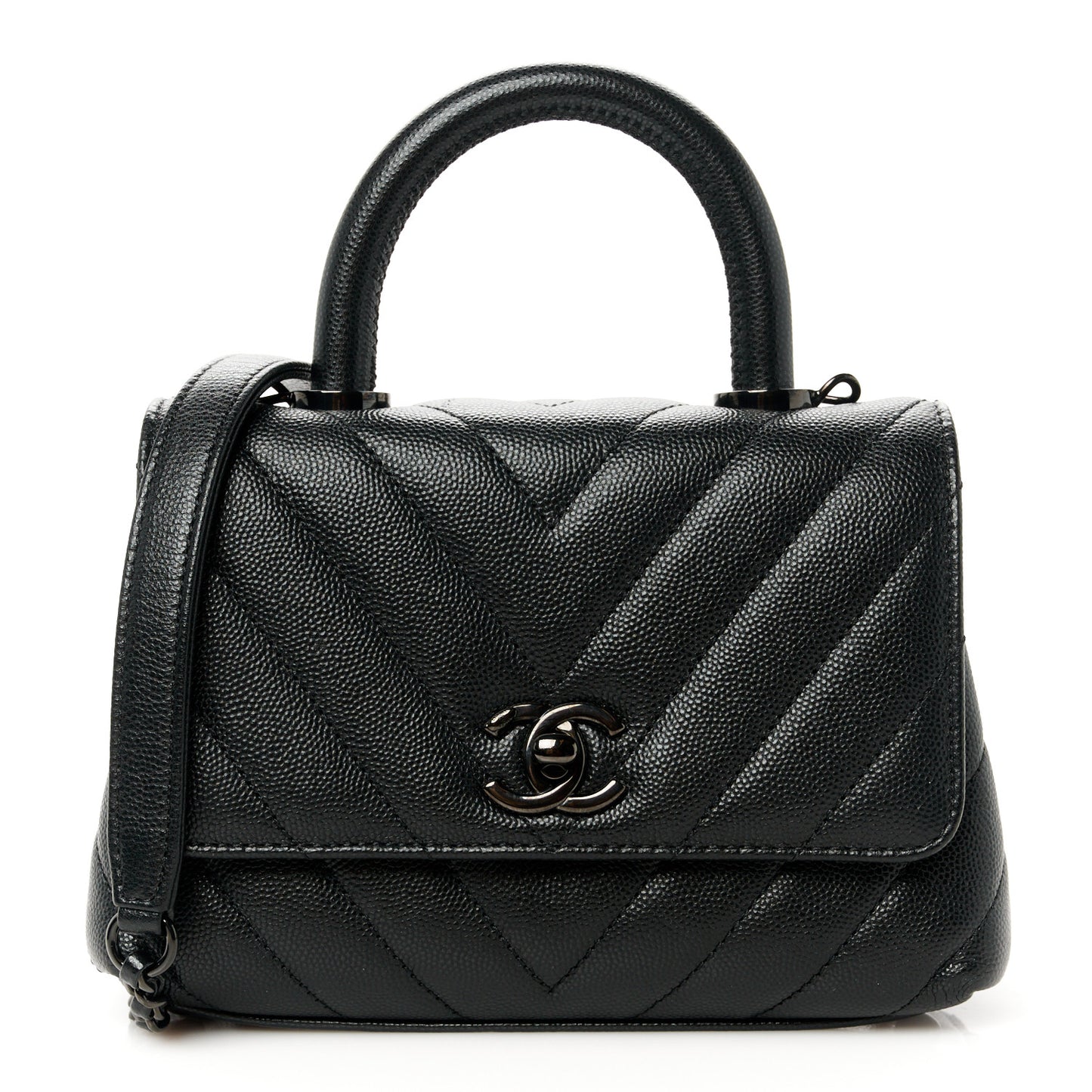 Caviar Chevron Quilted Extra Mini Coco Handle Flap So Black