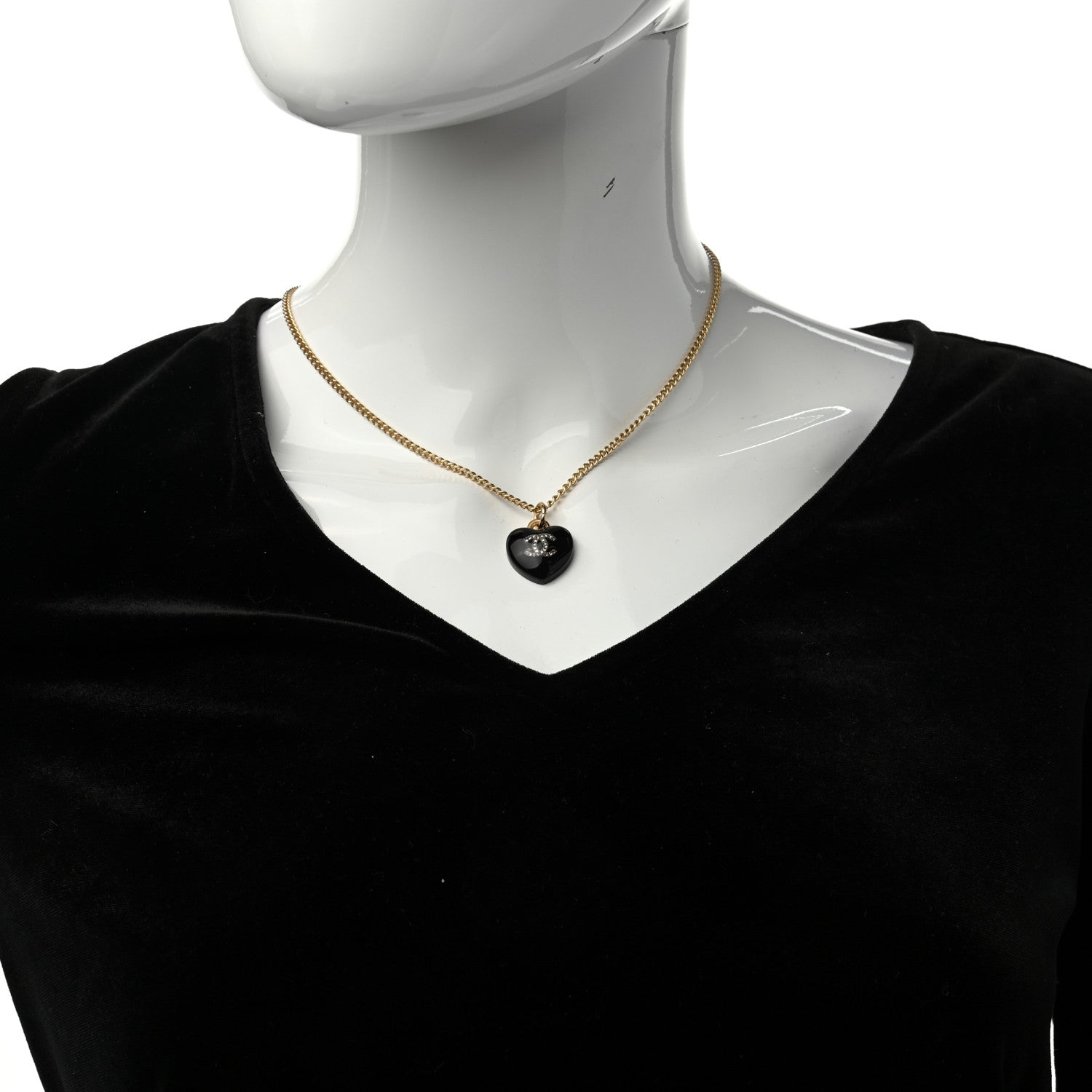 Chanel Resin Crystal CC Heart Necklace Black Gold 2 of 5