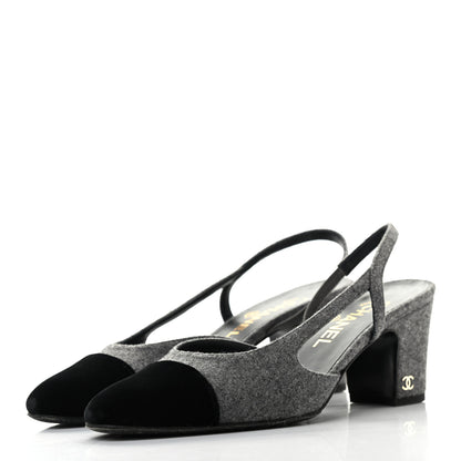 Chanel Wool Cap Toe CC Slingback Pumps 37.5 Black Dark Grey 3 of 8