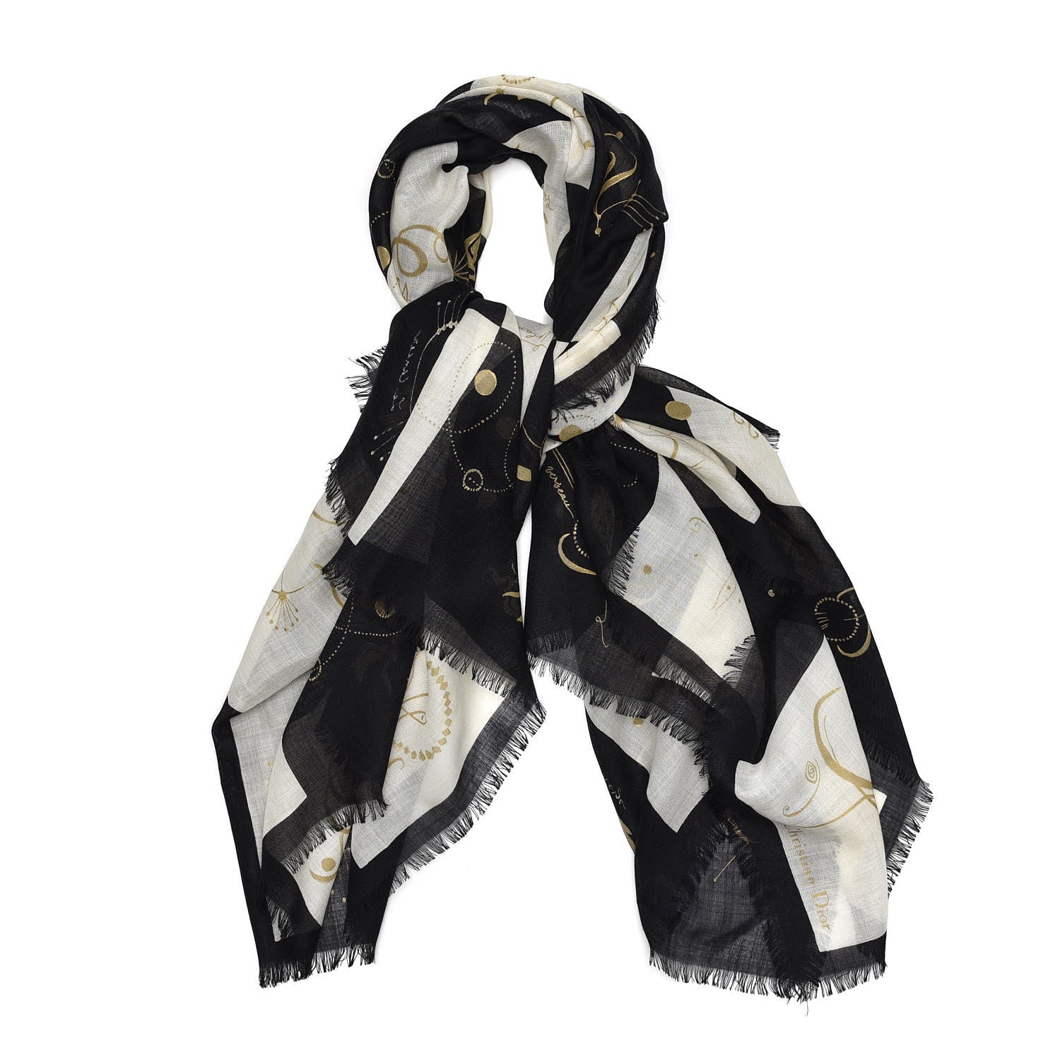 Christian Dior Wool Silk Star Signs Constellation Scarf Black 1 of 10
