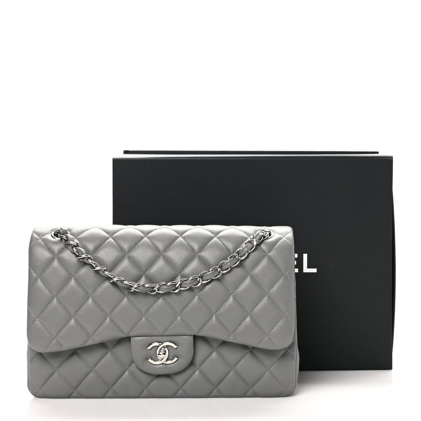 Caviar Quilted Jumbo Double Flap Dark Grey