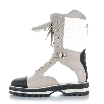 Chanel Calfskin Nylon Quilted Boots 38 White Grey Black 1 of 9