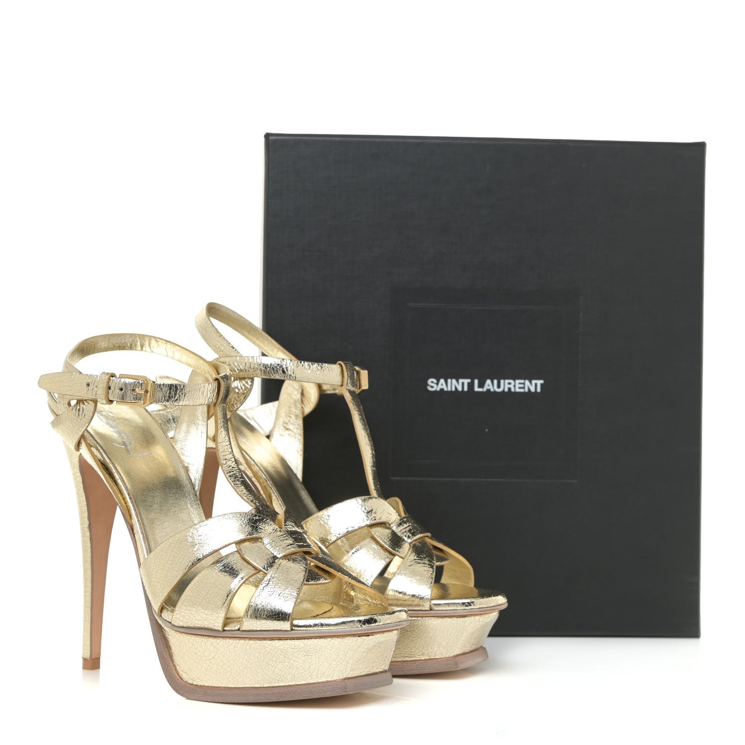 Saint Laurent Metallic Calfskin Tribute 105 Platform Sandals 40 Black Gold 13 of 13