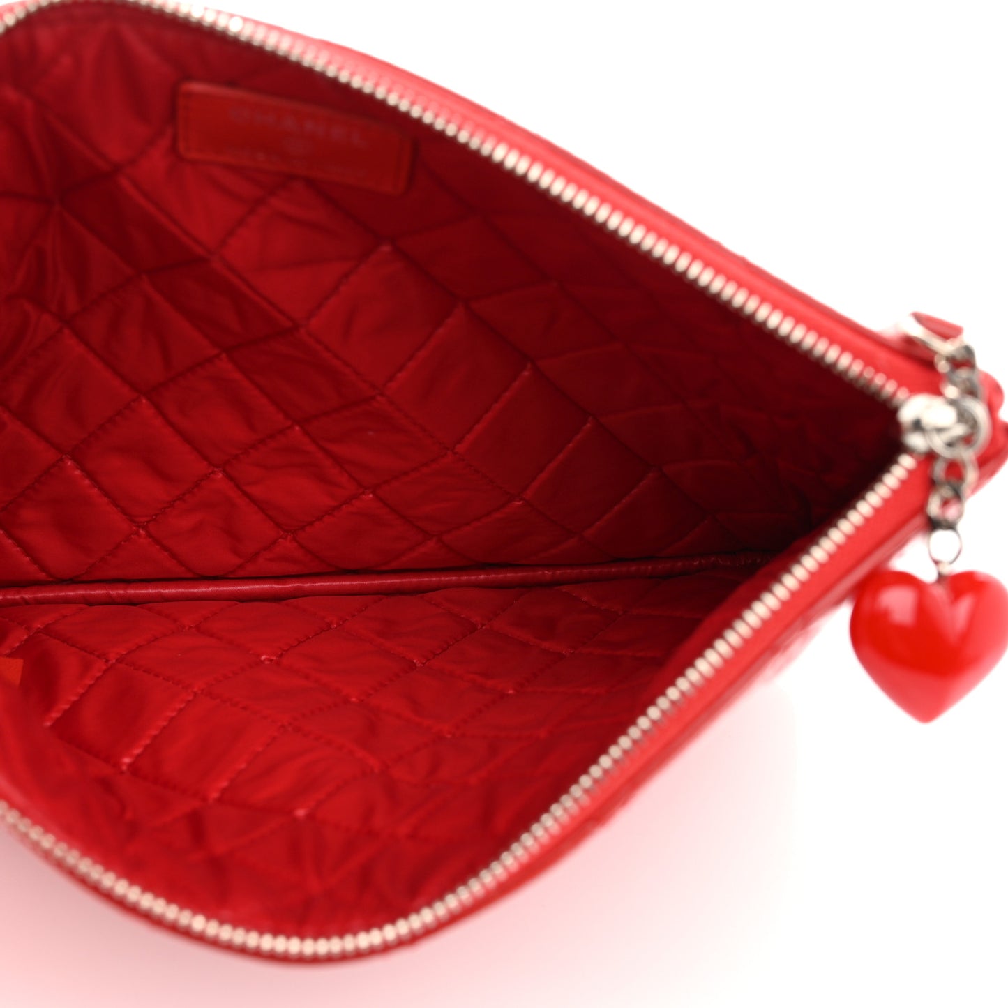Patent Calfskin Quilted Valentine Hearts Medium O Cosmetic Case Red