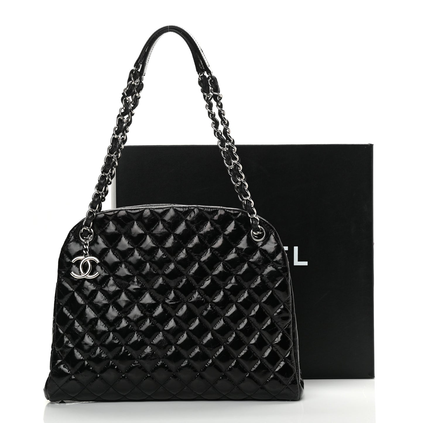 Glazed Calfskin Quilted Large Just Mademoiselle Bowling Bag Black