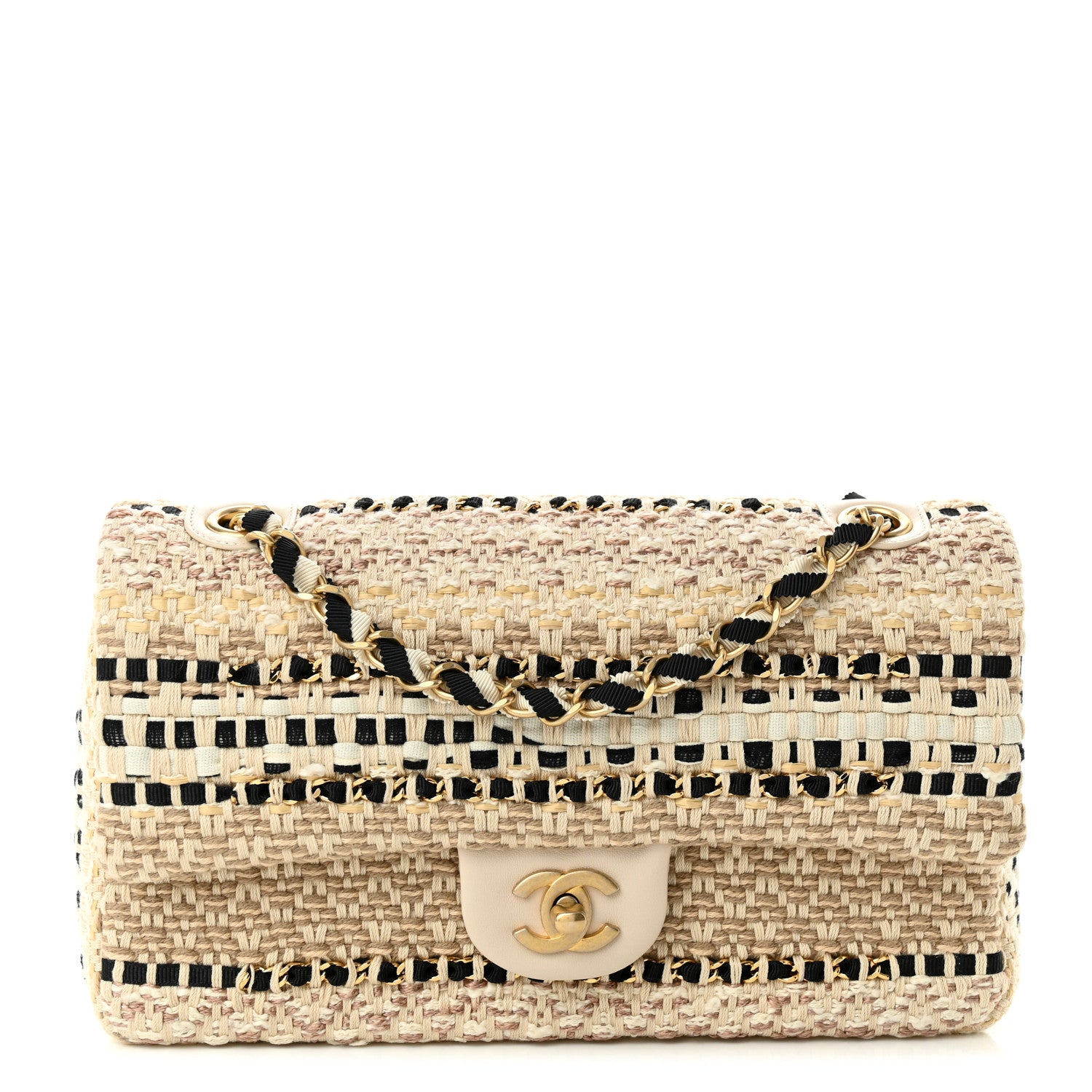 Chanel Cotton Raffia Lambskin Woven Medium Single Flap Beige Black 1 of 10