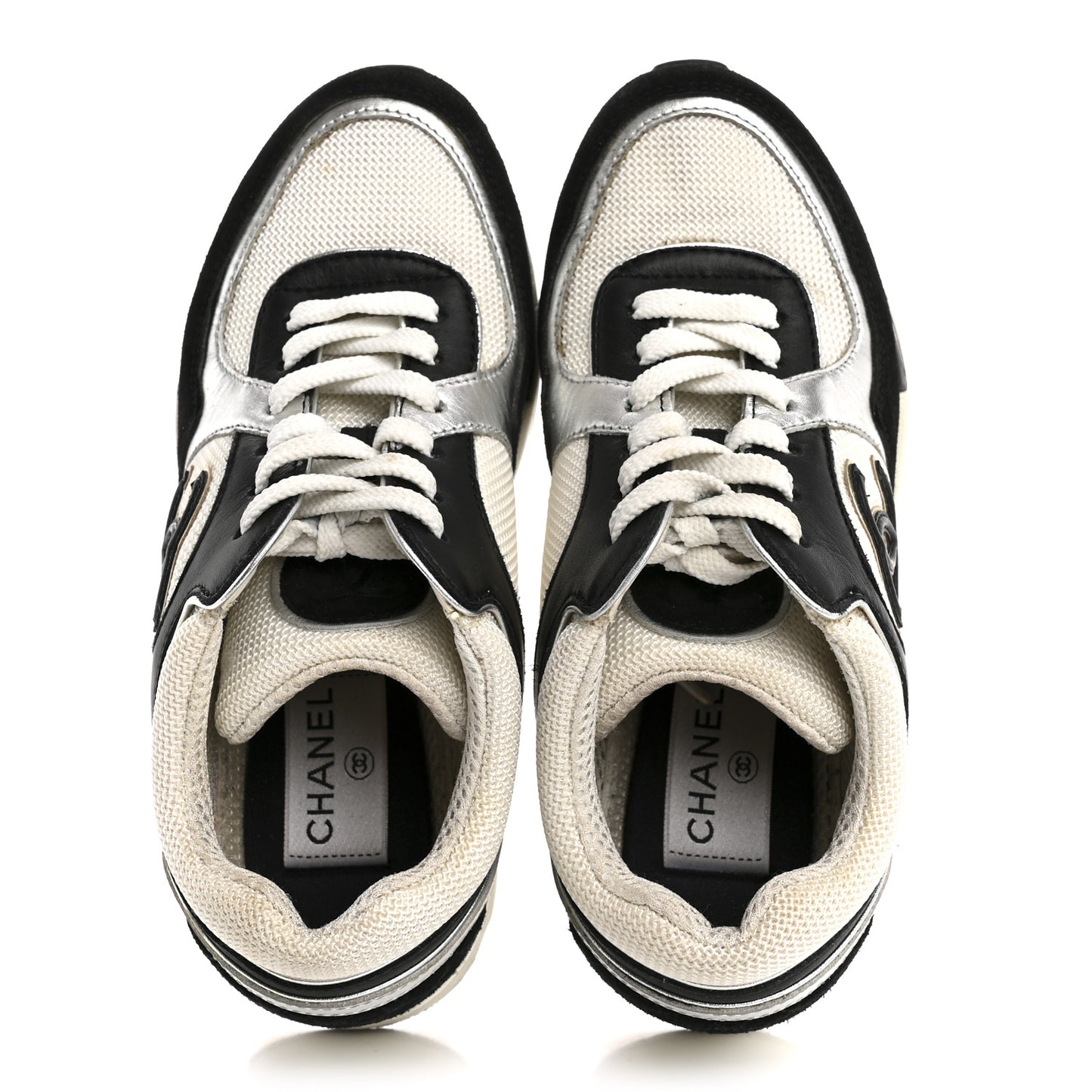 Mesh Suede Calfskin Grained Calfskin Womens CC Sneakers 35 Black White Silver