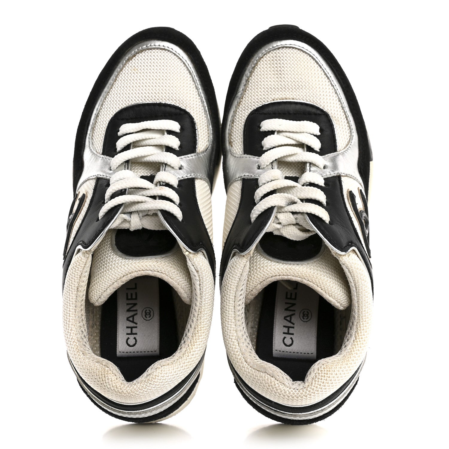 Chanel Mesh Suede Calfskin Grained Calfskin Womens CC Sneakers 35 Black White Silver 3 of 12