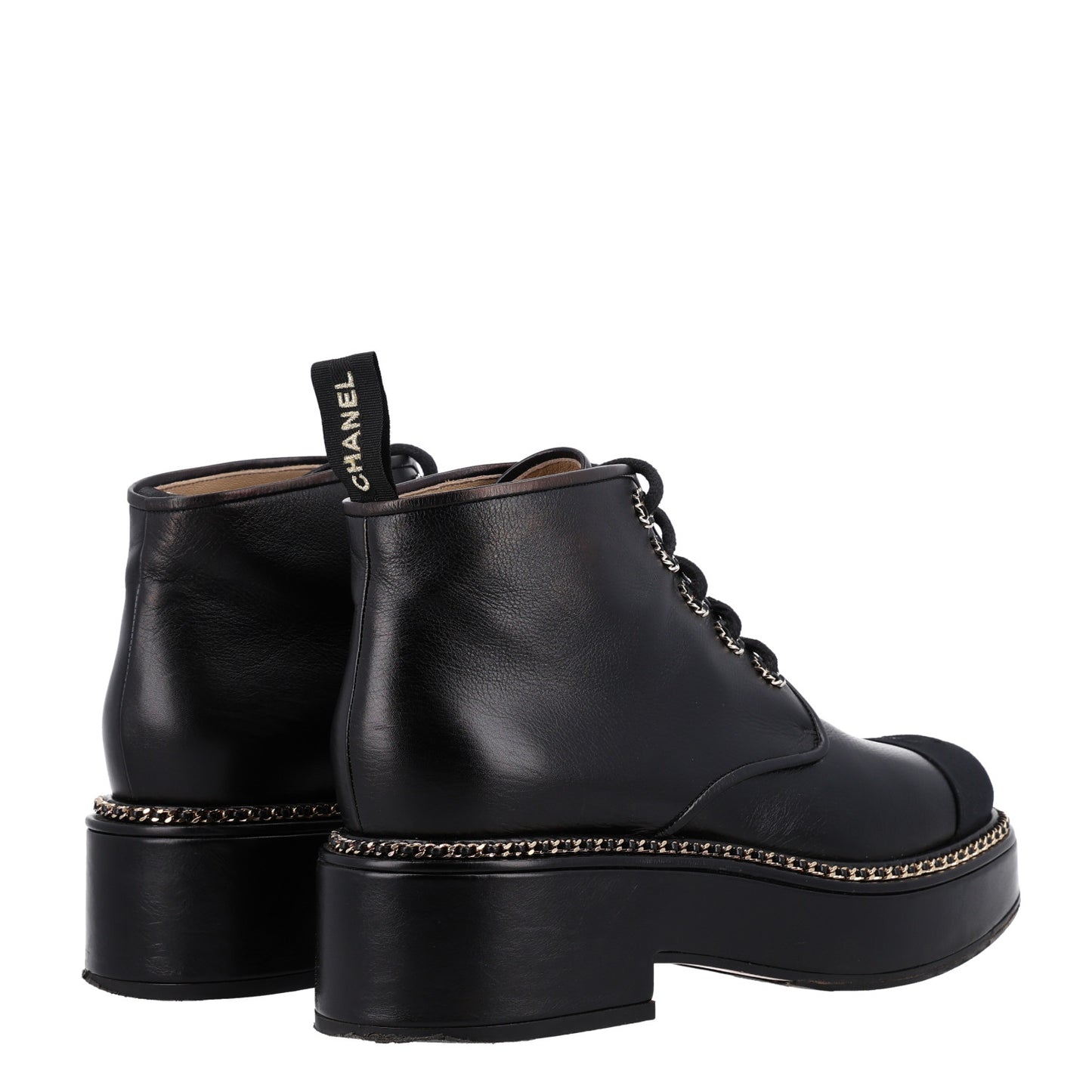 Calfskin Grosgrain Chain Lace Up CC Short Boots 41 Black
