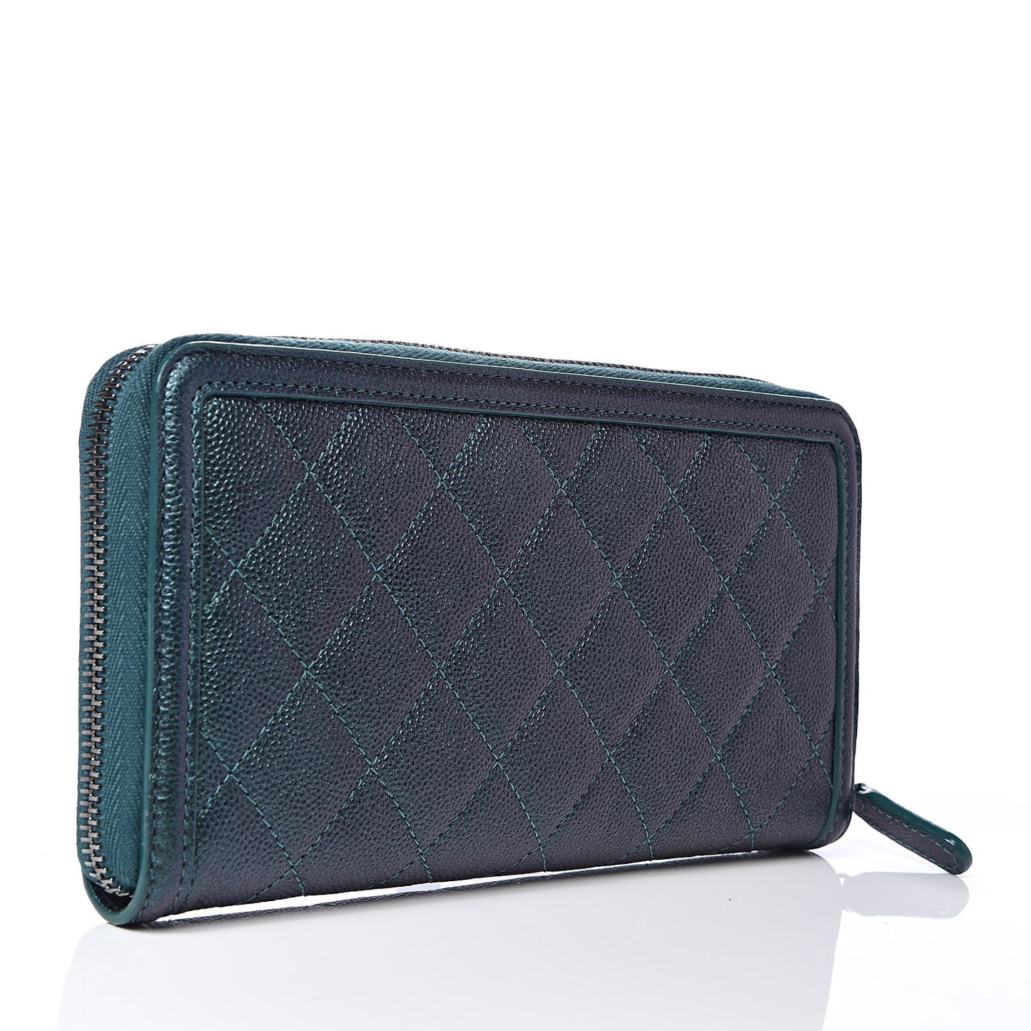 Iridescent Caviar Quilted Large Filigree Zip Around Wallet Dark Turquoise