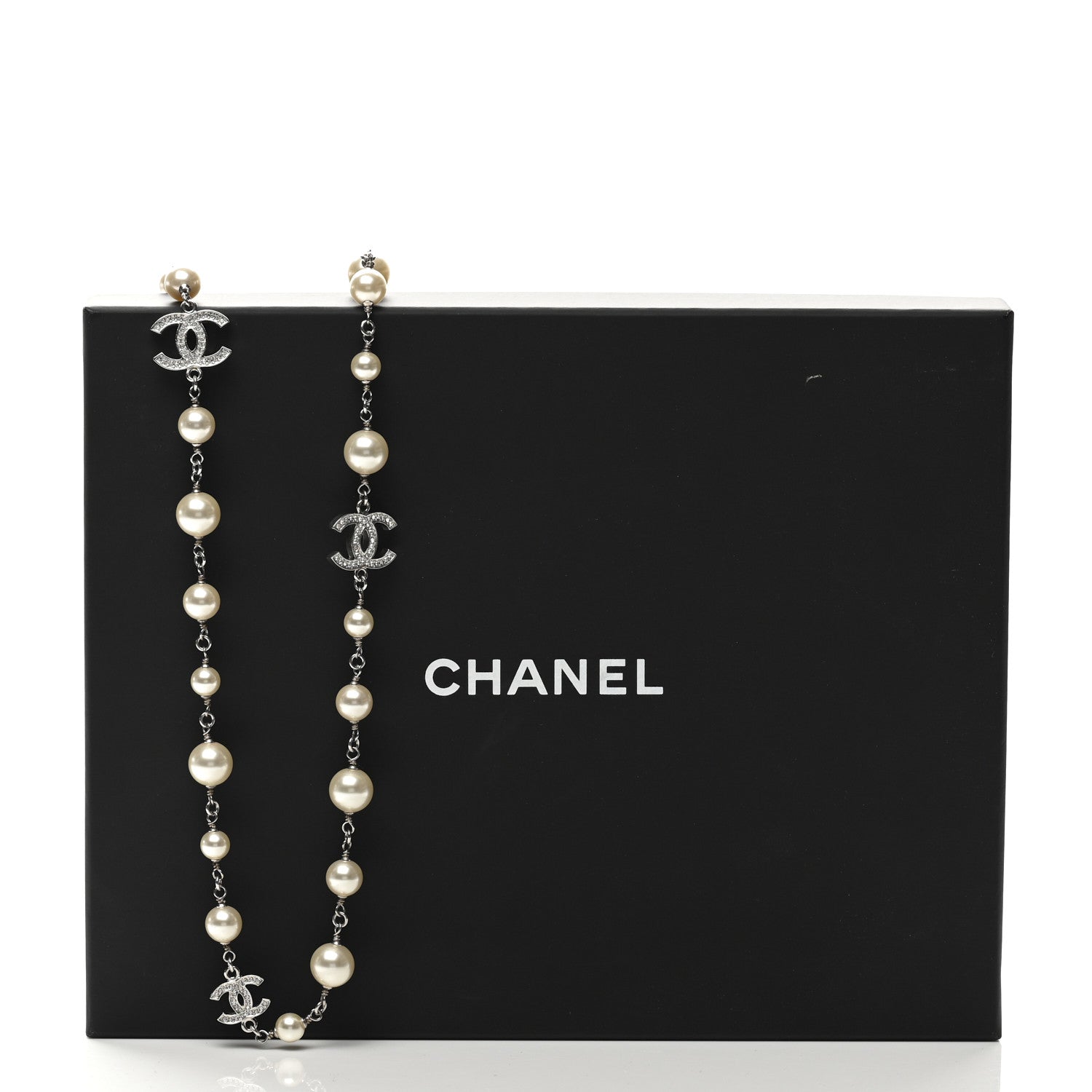 Chanel Graduated Pearl Crystal CC Long Necklace Silver 6 of 6