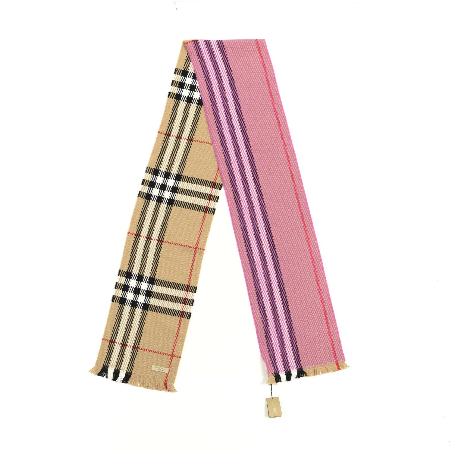 Burberry Wool Giant Check Color Block Fringe Scarf Fuchsia Pink 2 of 3