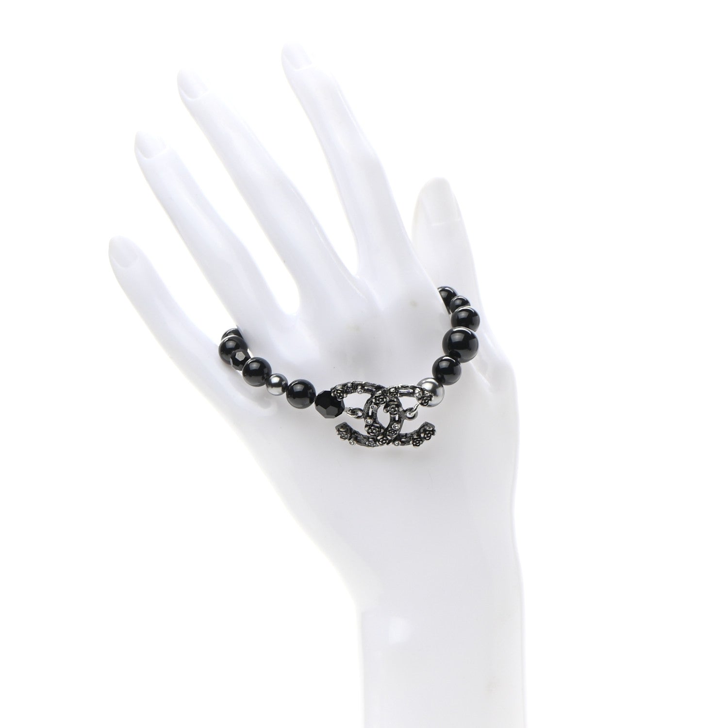 Chanel Pearl Crystal CC Camellia Bracelet Ruthenium Black 2 of 4