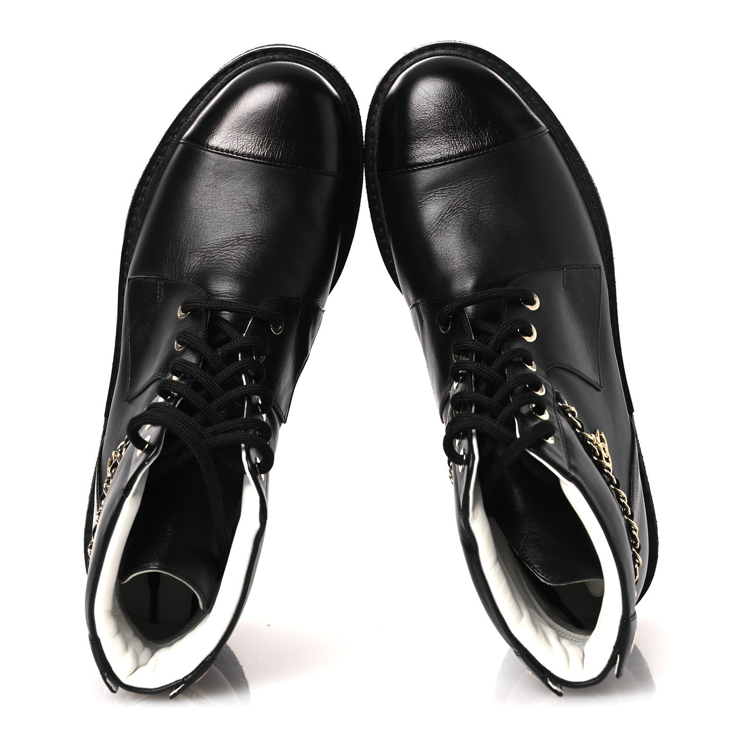 Chanel Calfskin Shiny Calfskin Chain Lace Up CC Short Boots 38.5