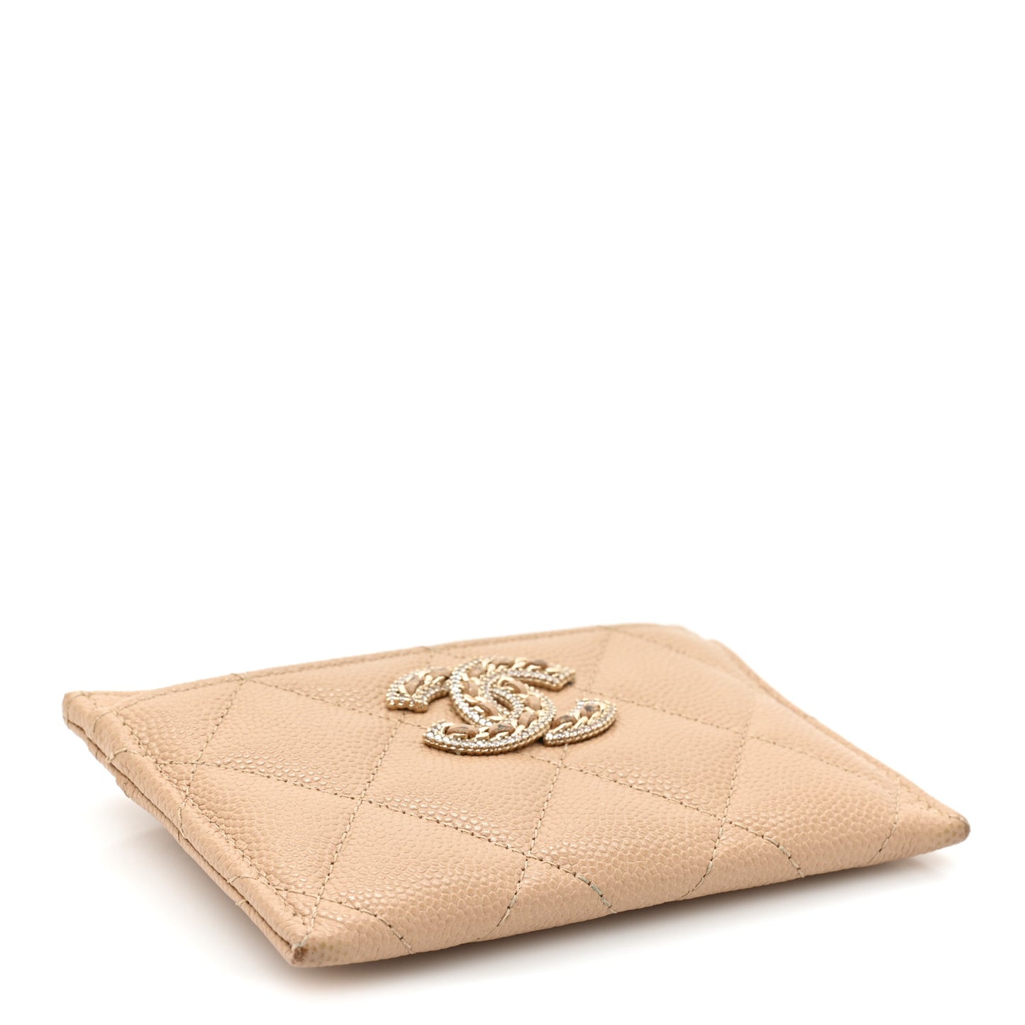 Caviar Quilted Crystal Card Holder Beige