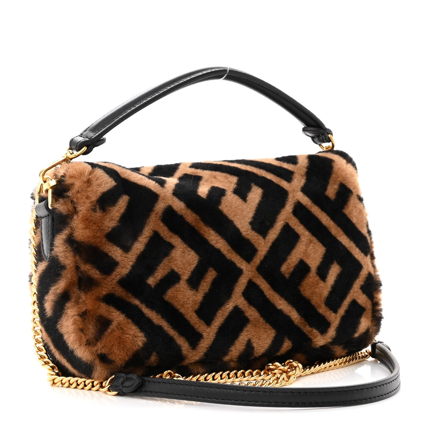 Shearling Vitello Dolce Macro FF 1974 Mini Baguette Tobacco Black