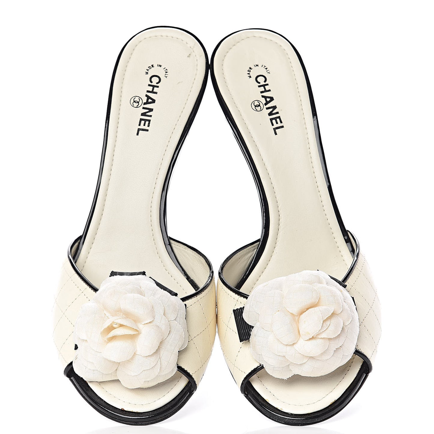 Calfskin Quilted Camellia CC Sandals 38 White Black
