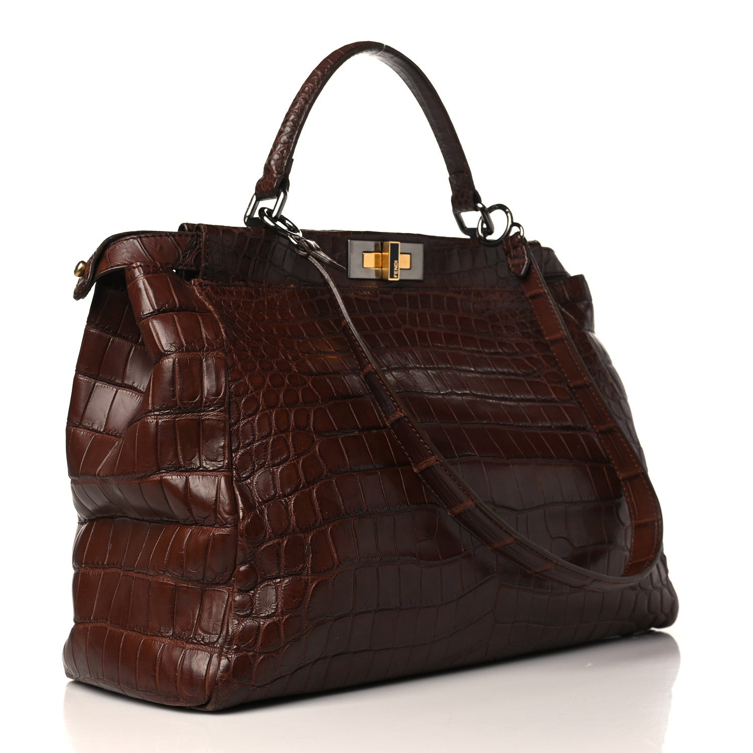 Fendi Crocodile Large Peekaboo Iconic Satchel Brown 1191617