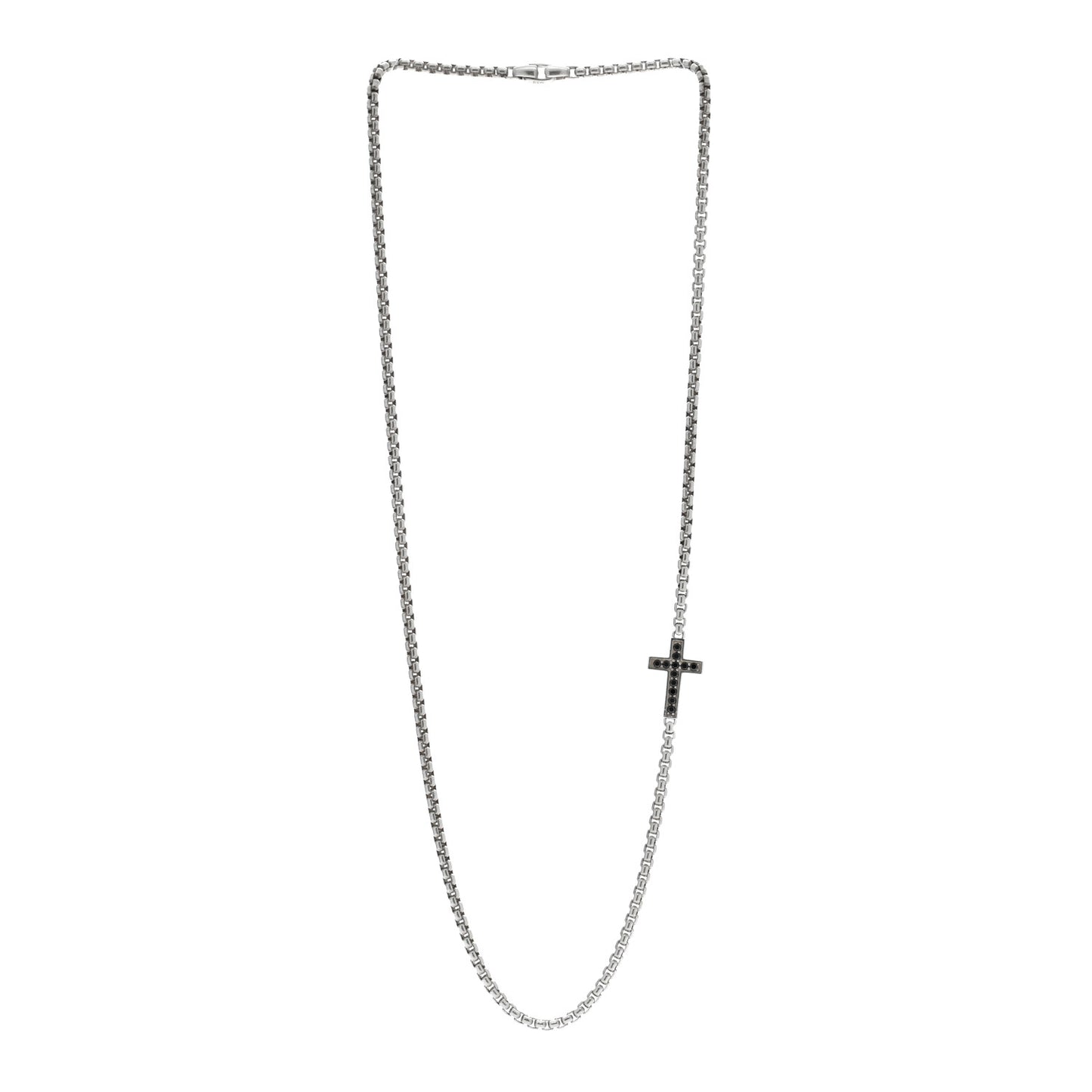 Sterling Silver Black Diamond Streamline Cross Station Necklace 26"
