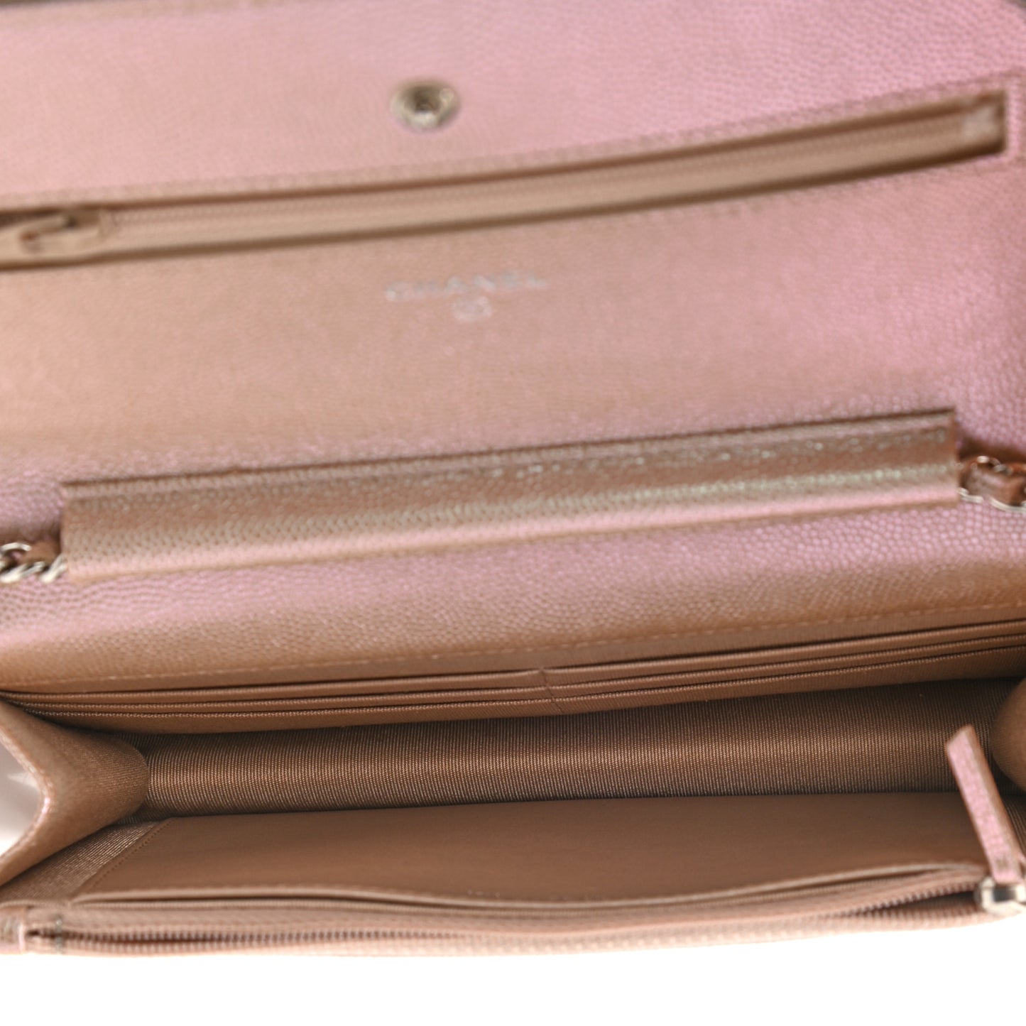 Metallic Caviar Chevron Quilted Wallet On Chain WOC Light Gold