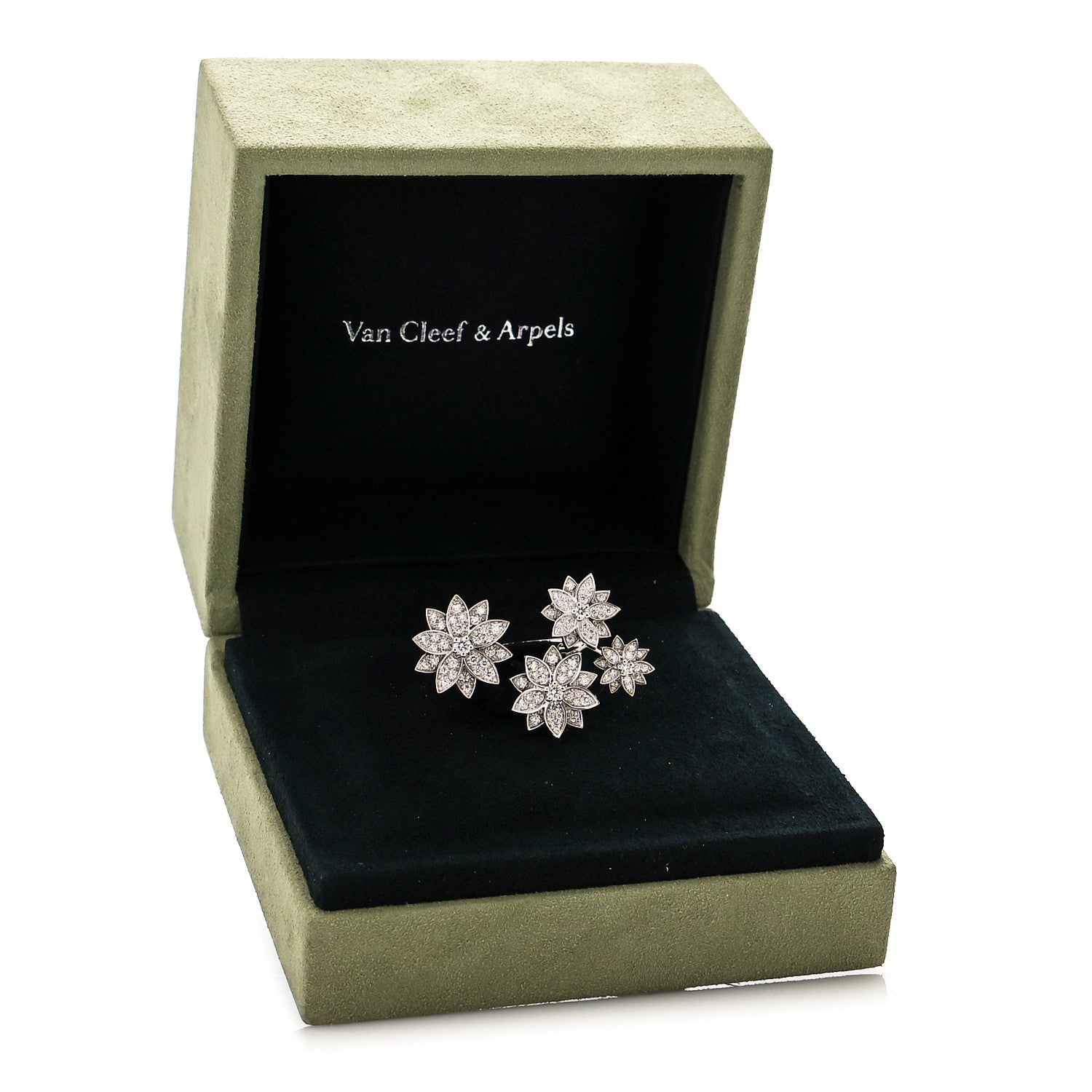 Van Cleef & Arpels 18K White Gold Diamond Lotus Between The Finger 4 Flowers Ring 48 4.5 5 of 5